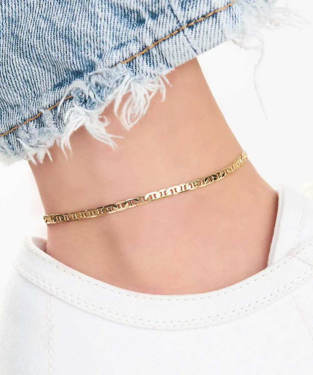 Barzel Womens Gold Anklet Flat Mariner 18K Gold Plated Flat Marina Link Anklet for Women - Made In Brazil