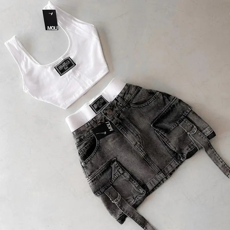 women 2 peice new fashion straps casual multiple pockets skirt  goth womens versatile strap streetwear  Womenswear sets Clothes Button Jeans Seamless Suits Gamis Fitted Short Sleeveless