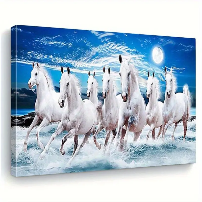 Seven Lucky Galloping Horses Modern Framed Canvas Wall Art Ready Hang High-Definition Print for Home Office Bedroom Decor
