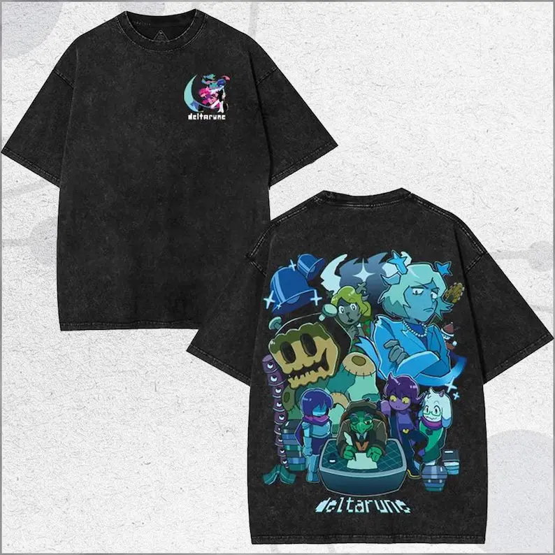 Vintage Washed Black Deltarune Cast Graphic Tshirt Oversized Short Sleeve Streetwear Top with Bold Character Group and Logo Design for Grunge and Streetwear Style