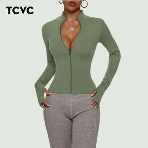 Women's Slim Fit Long Sleeve Yoga Jacket with Zipper Quick Dry Fitness Coat Elastic Fit Design for Gym Running Casual Wear Single Jersey Material