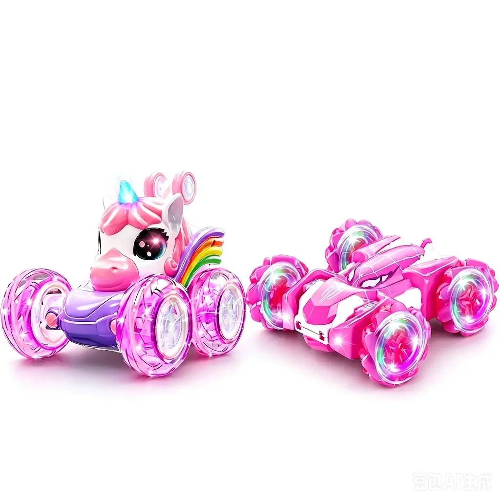 2-in-1 Pink Unicorn & Spider RC Stunt Car, 360° Rotating Flip Remote Control Toy, 4WD Offroad Vehicle with Color LED Wheels, Rechargeable Gift for Girls Kids