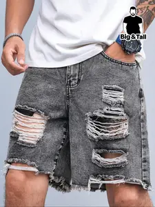 【Plus Size】 Solid Color Ripped Denim Shorts, Distressed Denim Shorts, Denim Dad Shorts, Loose Casual Comfy Denim Shorts for Outdoor Wear, Men's Bottoms for Summer, Fashionable Summer Shorts