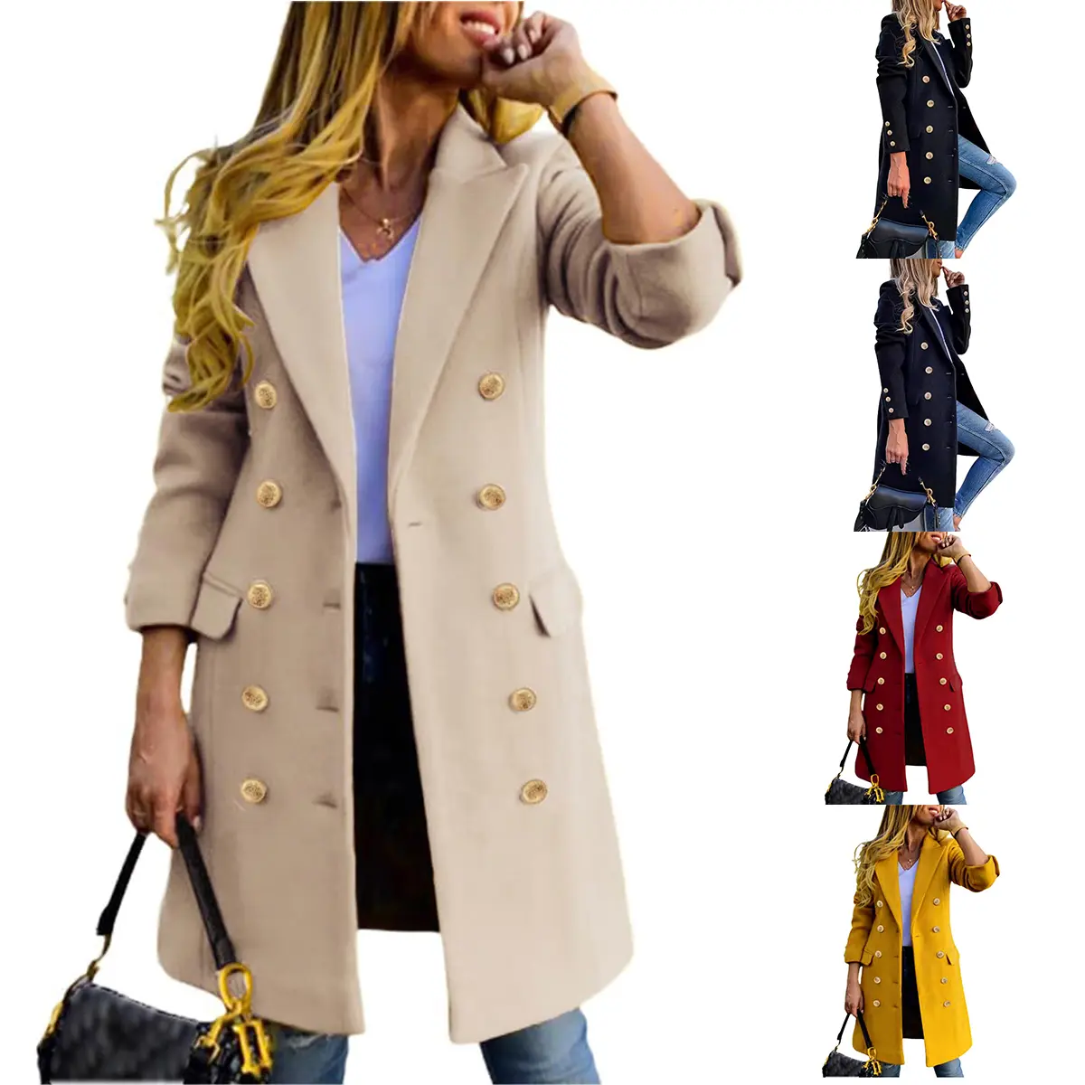 Yeokou Women's Fitted Slim-Fit Long-Sleeve Double-Breasted Wool-Blend Midi Peacoat for Fall, Winter, Outerwear