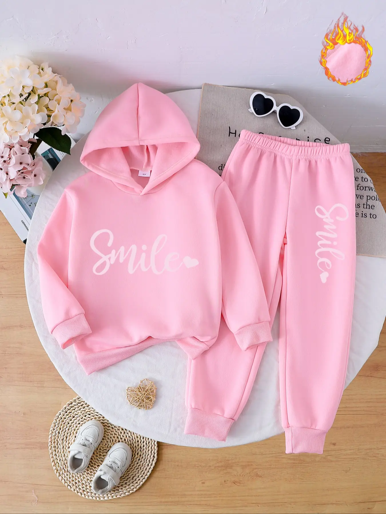 Girls' Fleece Lined Hoodie & Jogger Pants Set, Casual Fall Winter, Heart Letter Print, Perfect Gift for Kids