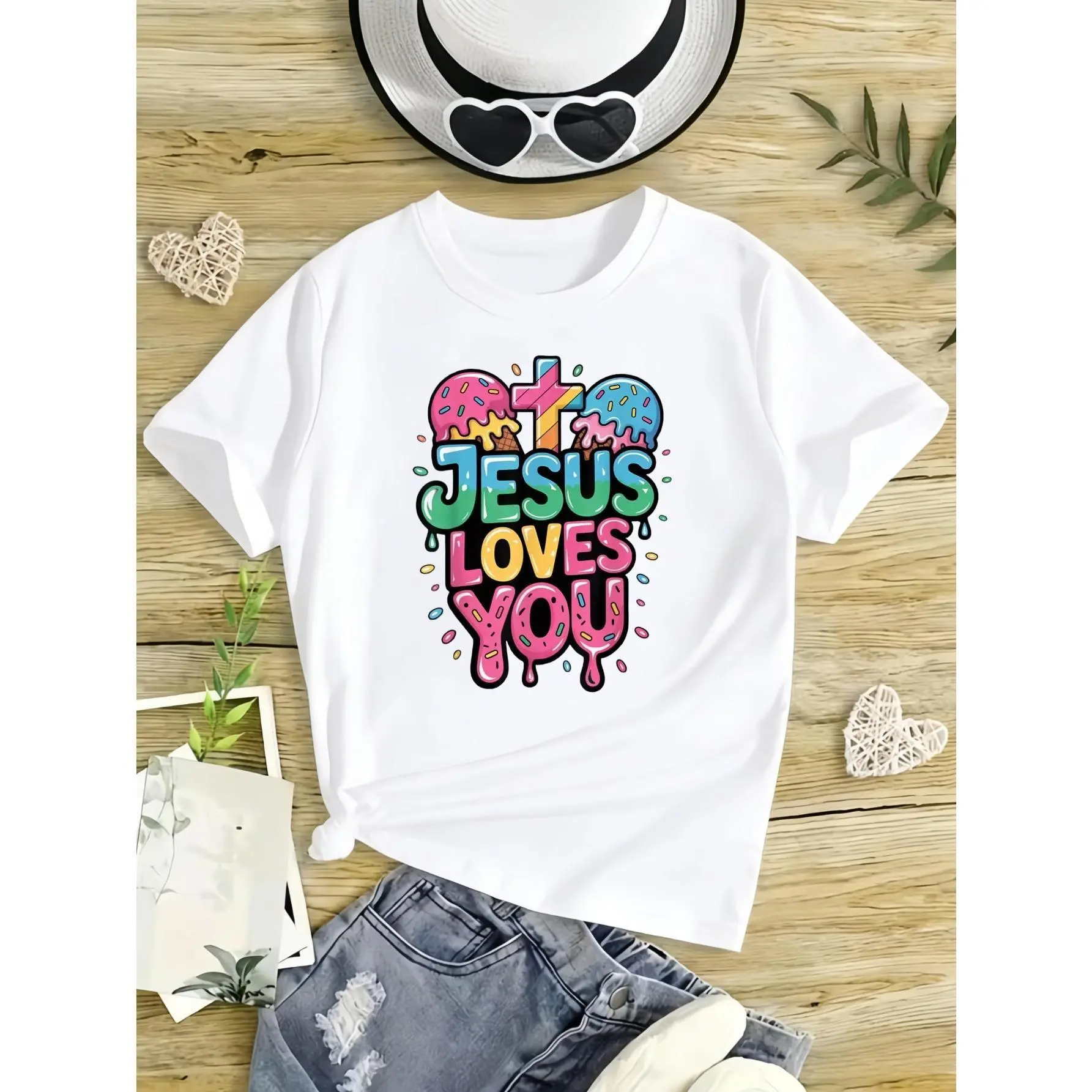 Jesus Loves You Ice Cream Christian Drip T-Shirt,Breathable Casual Comfortable Summer Crew Neck Short Sleeve Top,Best Gift for Boys and Girls,Fashion Trend Bottoming Shirt,Streetwear Fashion, Cute Clothes, Kids Stuff, Teen Girl Clothes, Girl Clothes