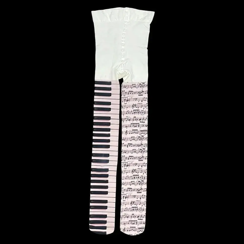 Girls' Ultra-Thin Gothic Y2k Piano Pattern Stockings - Black & White Keys, Music Note Design, Party Fashion Accessory