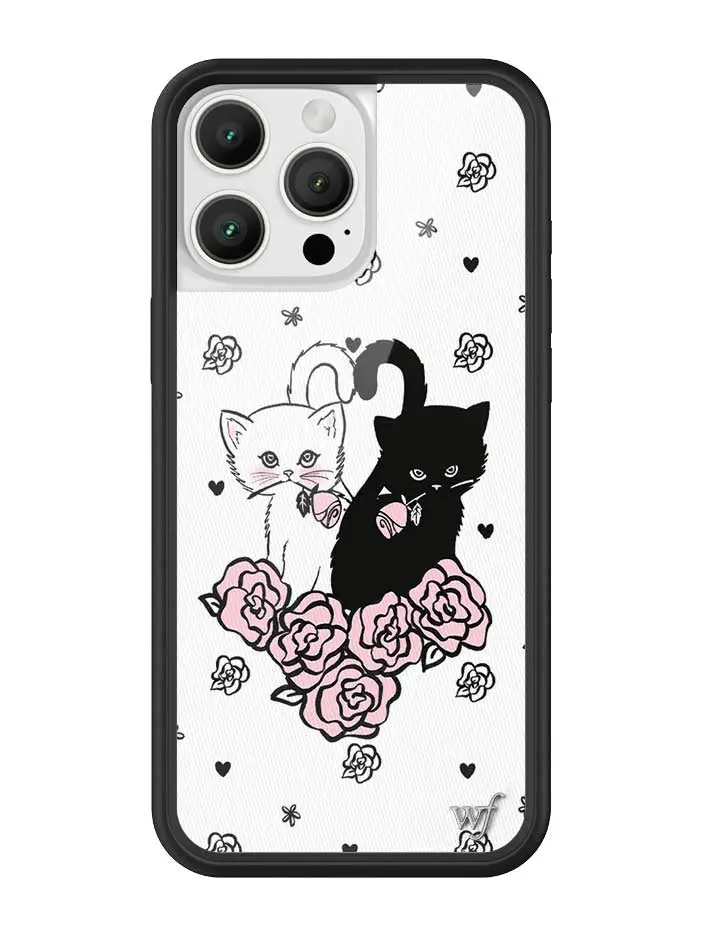 Kittens | Limited Edition Trendy iPhone Case | Raised Protective Black Bumper | Women Owned Small Business | Egg Shell White Background Pink Roses Black and White Cute Kittens | Safety Casing Protective | Gift for Her