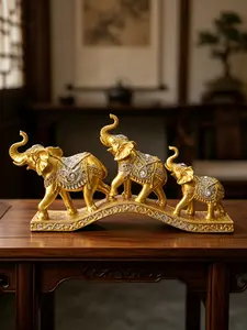 Golden Three-Elephant Statue Figurine with Crystal Accents, Feng Shui Elephant Decor for Home & Office, Good Luck Prosperity Sculpture, Gold Elephant Family on Bridge Ornament, Ideal Housewarming Gift Decorative