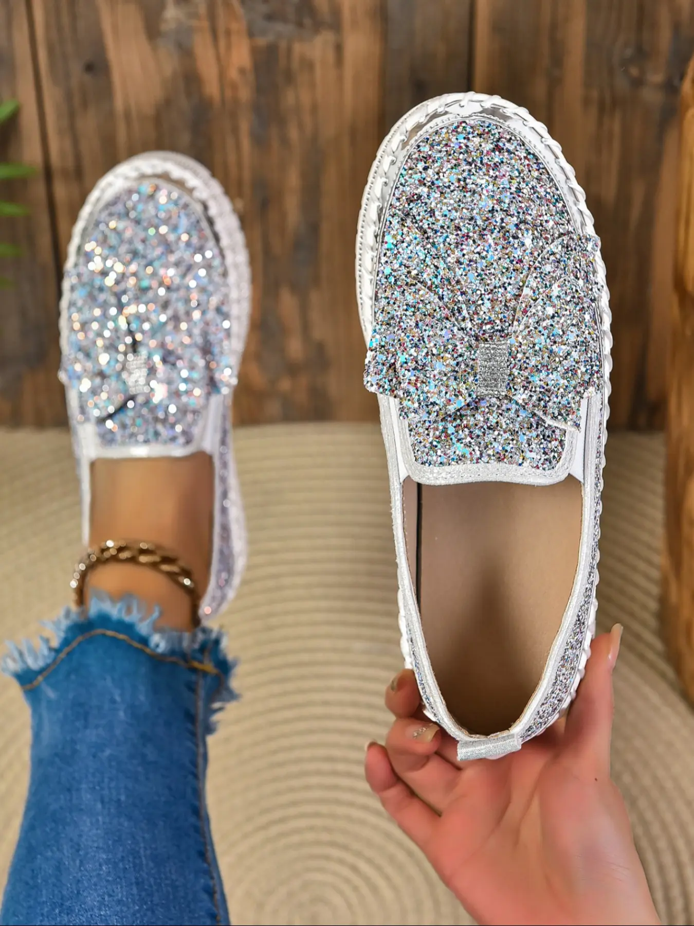 Women's Fashion Sneakers, Colorful Sequins & Rhinestones Design, Casual Comfortable Slip On Shoes for All Seasons, Trendy Footwear for Women, Slip on style