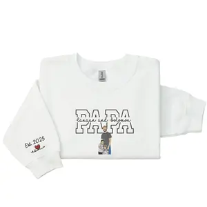 Custom Embroidered Papa Hoodie with Kids Names, Embroidered Portrait Shirt Family, First Father's Day Gift, Varsity Papa Crewneck Sweatshirt, Girl for Dad
