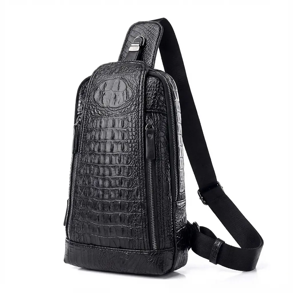 FR Fashion Co. Croc Design Leather Sling Bag - Premium PU Leather, Adjustable Strap, Zipper Closure, Travel & Casual Use, Luxurious & Practical, Black, Dark Brown, Brown