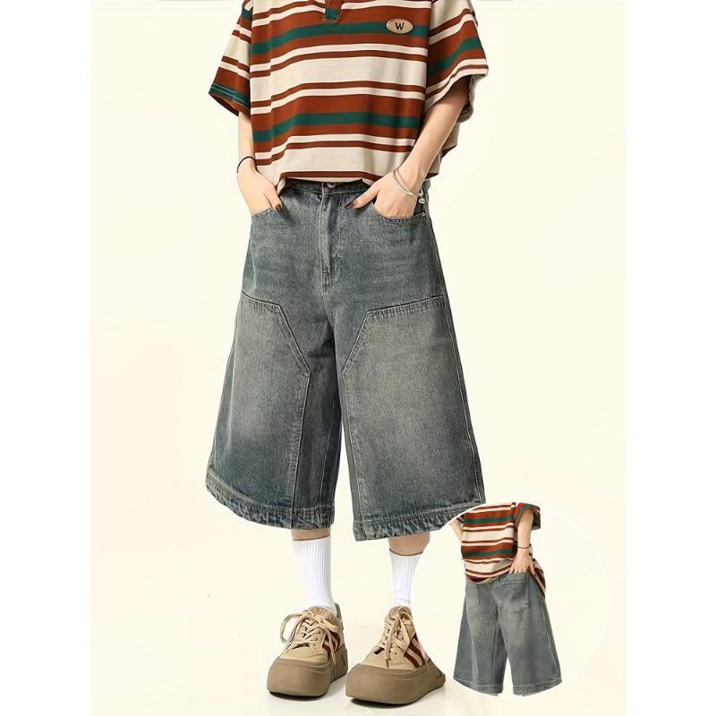 Vintage-Inspired Washed Denim Shorts - Loose Fit, Knee-Lengt