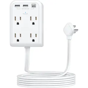 Flat Plug Outlet Extender with 3 USB Wall Plug(1 Type C), 4 AC Socket Wall Adapter, Electrical Outlet Extender, Power Strip Surge Protection with 8 ft Thin Extension Cord. White