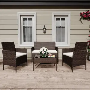 4-Piece Patio Furniture Set, PE Wicker Sectional, All-Weather Patio Set with Tempered Glass Table, Modular Outdoor Furniture for Pool Decks, Brown & Beige