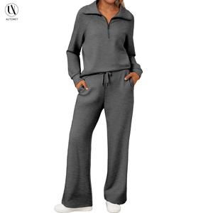 AUTOMET Women's 2-Piece Oversized Half-Zip Long-Sleeve Sweatshirt & Wide-Leg Sweatpants Lounge Tracksuit - 2025 Fall Trendy Sports Suit, Loose Fit, for Daily Lounging, Women 2 Piece Sets, Sports Suit Tracksuits, Tracksuit Sweat Suits