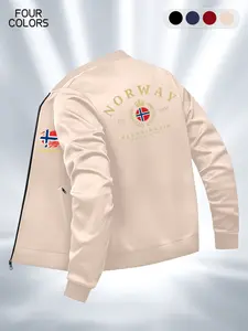 Men's Norwegian Letter Print Jacket, Zip Pocket Design, Loose-Fit, Fashionable Casual, Long Sleeve, Fall & Winter Wear