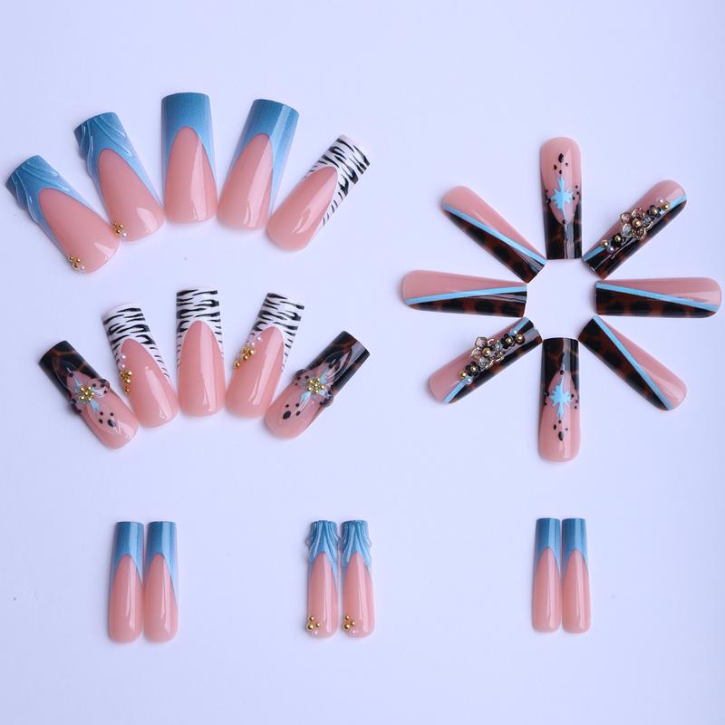 24 pieces of summer long press on nails leopard zebra pattern 3D three dimensional metal small flower dot steel beads y2k French fake nails suitable for party banquet salon blue nails with jelly glue 1 piece file strip 1