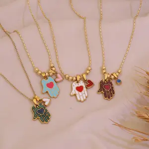 vibecharm Non-Tarnish Stainless Steel Hamsa Hand of Fatima Long Chain Necklace, Colorful Enamel Heart Amulet, Waterproof Gold-Tone Pendant, Daily Wear Spiritual Jewelry Gift