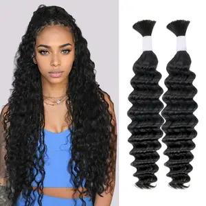 Deep Wave Bulk wigs human hair for Braiding 10A Brazilian  curly wigs human hair 100 percent Human Hair 2 Bundles No Weft micro Human Braiding Hair for Boho Braids Virgin hair extensions hair wraps 20 inch hair powdered wigs(Natural Black, 100g 20")