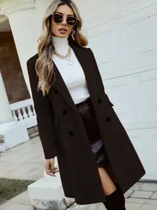 Women's Solid Color Lapel Long Sleeve Mid-Length Coat, Casual Fall Winter Woolen Overcoat, Button Front Design, Warm & Stylish Outerwear