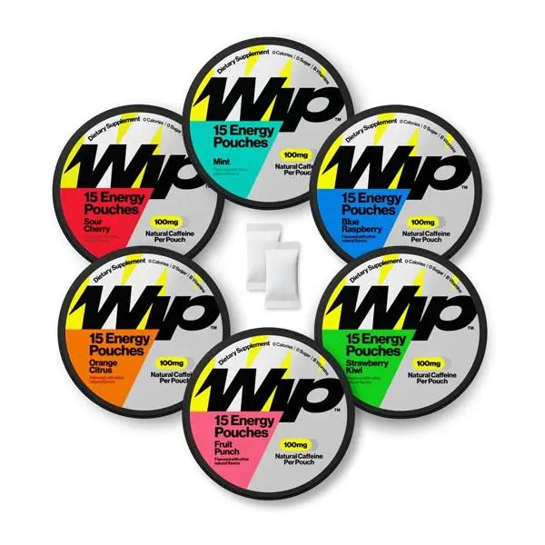 Wip Energy Pouches, Sugar Free Blend of 200 MG Natural Caffeine, B Vitamins & L Theanine, Pre Workout for Active Lifestyles, Variety Pack, 6 Cans, 15 Pouches Each