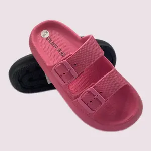 Women's Non-Slip EVA Flat Sole Slide Sandals - Golden Road Double-Buckle Cloud Design, Gr9033W Soft Slip-On Black Casual Slippers for Summer Indoor/Outdoor Walking