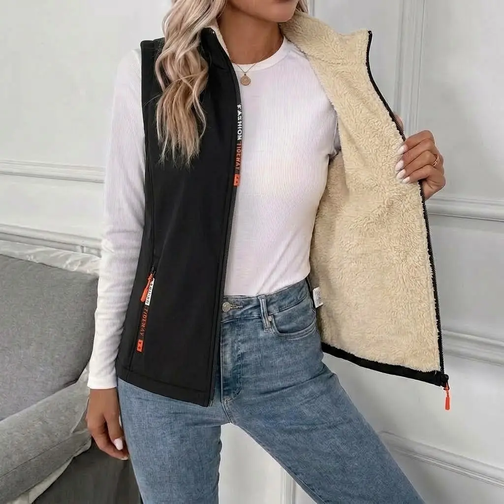 Women’s fashionable winter fleece vest jacket with a comfortable fabric and zippered pockets, suitable for everyday wear, work, travel, running, leisure, fitness, and outdoor activities.