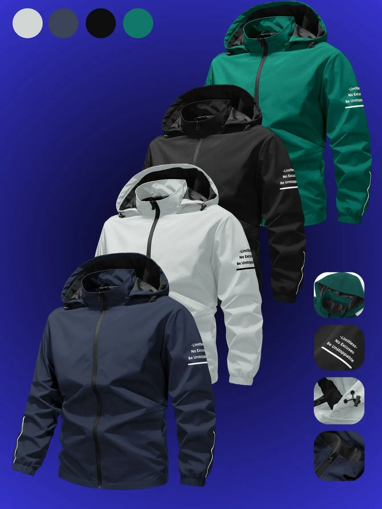 Men’s full-zip hooded jacket with adjustable cap opening via dual drawstrings, raglan sleeves, English print on sleeves, elastic cuffs, zippered side pockets, durable woven fabric for everyday commuting and outdoor wear.