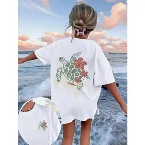 Sea Turtle Hibiscus Graphic Tee Women Oversized Short Sleeve Beachy Summer Vacation Shirt Casual Loose Fit Soft Cotton Crewneck Top