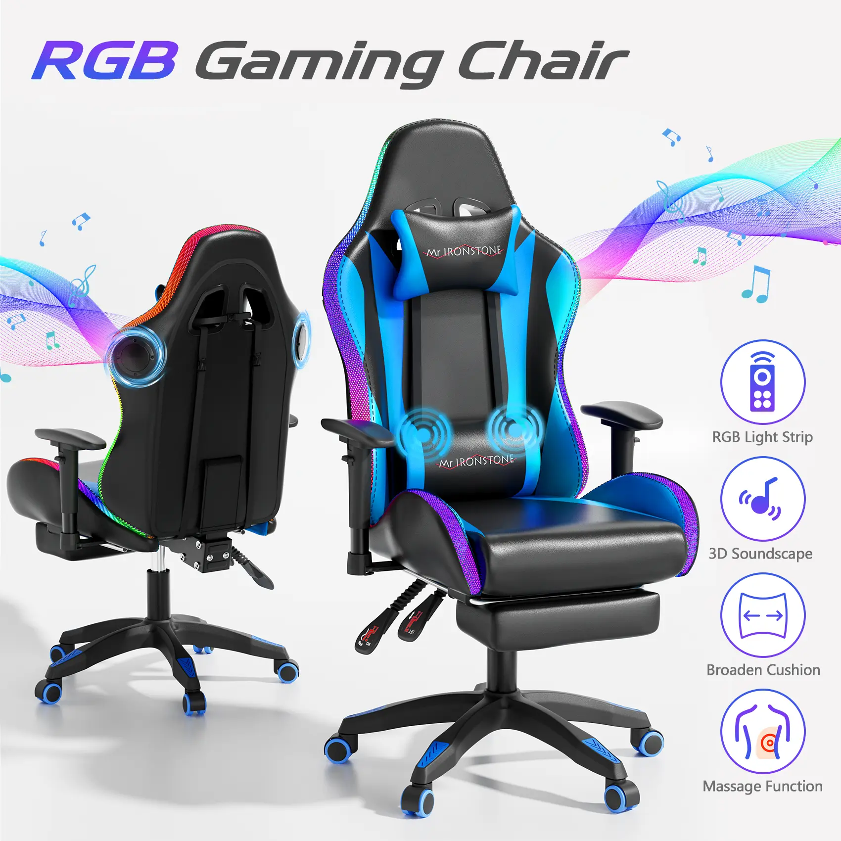 【Led Chair!!】Mr IRONSTONE Gaming Chair with Speakers and Led Lights Ergonomic Massage Computer Office Chair with Broaden Cusion and Footrest High Back Video Game Chair for Adults Kids Boyfriend Gift, Blue Black and Pink