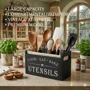 Rustic Wooden Kitchen Utensil Organizer — 3-Compartment Countertop Caddy — Farmhouse Style Decor — Not for Direct Food Contact — No Batteries Required — Kitchen Storage Box | Decorative Utensil Holder | Handcrafted Finish. Kitchen Organization & Storage.