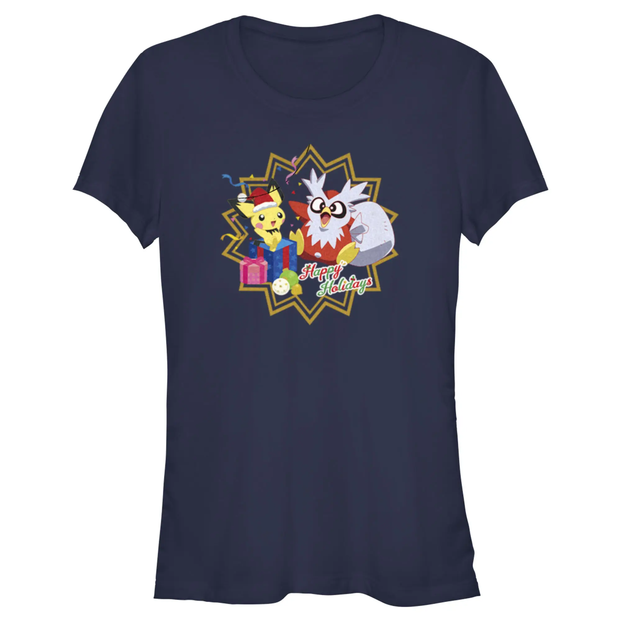 Juniors Womens Pokemon Christmas Pikachu and Delibird Happy Holidays T-Shirt