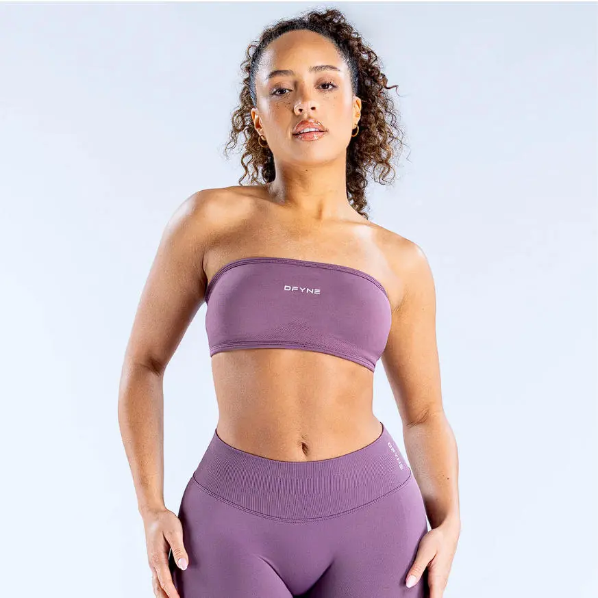 （With Logo）DFYNE Women's 2 Piece Seamless Bandeau Workout Set - Strapless Sports Bra & High Waist Activewear for Gym Yoga