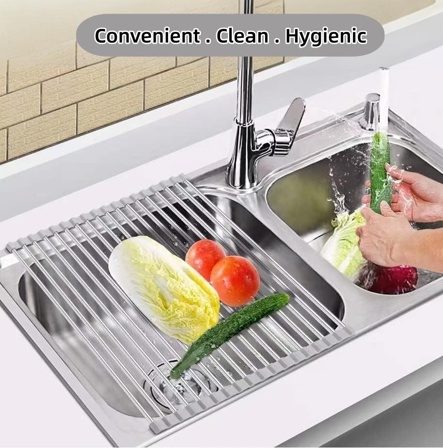 Space Saving Foldable Kitchen Drying Rack Roll-Up Dish Rack for Sink Heat Resistant Stainless Steel & Silicone Multi-Functional Over Sink Dish Mat for Home Travel Apartment Use