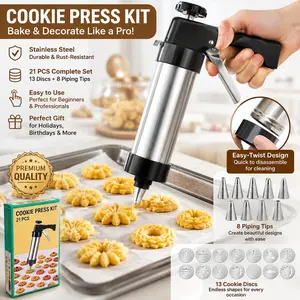 Stainless Steel Cookie Press Kit, Spritz Cookie Maker Gun with 13 Discs & 8 Piping Tips, DIY Baking Decorating Tool for Cookies, Cream, Pastry, Holiday Cakes, Desserts, Home Kitchen Gifts for Beginners, Families & Bakers