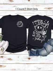 Women's "I Match Energy" Letter Print Round Neck Tee, Casual Comfy Short Sleeve Crew Neck T-shirt for Daily Home Wear, Ladies Sleepwear for Summer, Womenswear
