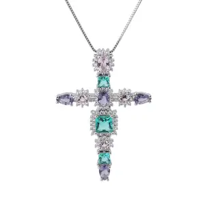 Colorful Cubic Zirconia Crystal Elegant Big Cross Pendant Necklace for Women Fashion Jewelry Accessories