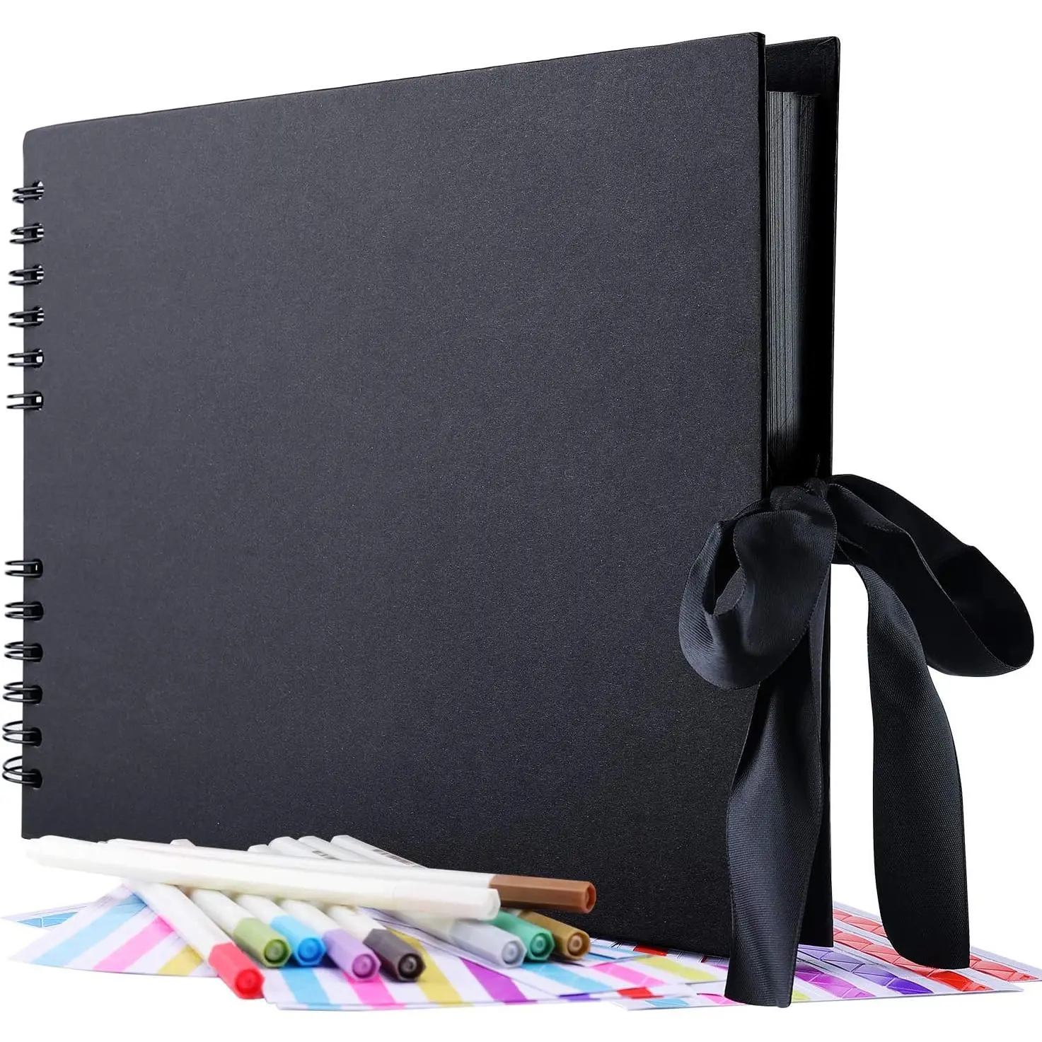 GOTIDEAL 80-Page Acid-Free Cardstock Scrapbook Album - High-Quality Hard Cover DIY Kit with 10 Metallic Markers, Craft Paper, Stickers, Corners, Holds Up to 160 Photos for Christmas, Friend Personalized Gifts (Black)