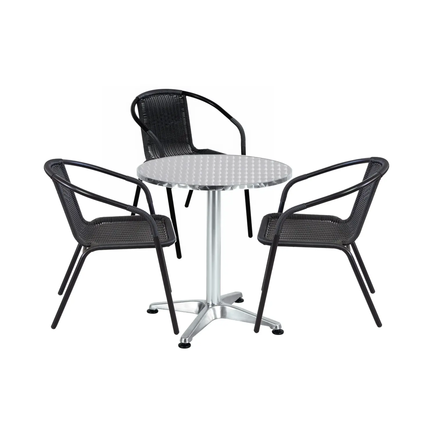 BTExpert 23.75" RoundTable Stainless Steel Silver Aluminum + 3 Black Rattan Stack Chairs