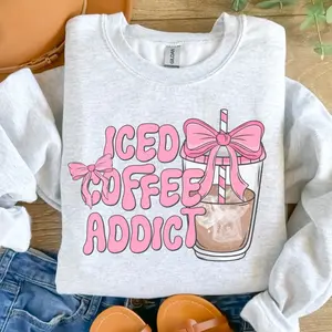 Iced Coffee Addict Sweatshirt - Ash Grey - Sublimation - Coffee - Unisex Jersey Sweatshirt - Comfortable Cotton Fabric - Casual Women's Basic Clothing