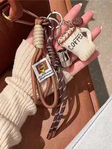 Coffee Cup Woven Lanyard Keychain, Vintage Casual Style, Paired with Small Coffee-Themed Accessories, Universal for Bags/keys, Coffee Cup Bag Charms, Coffee Cup Pendant