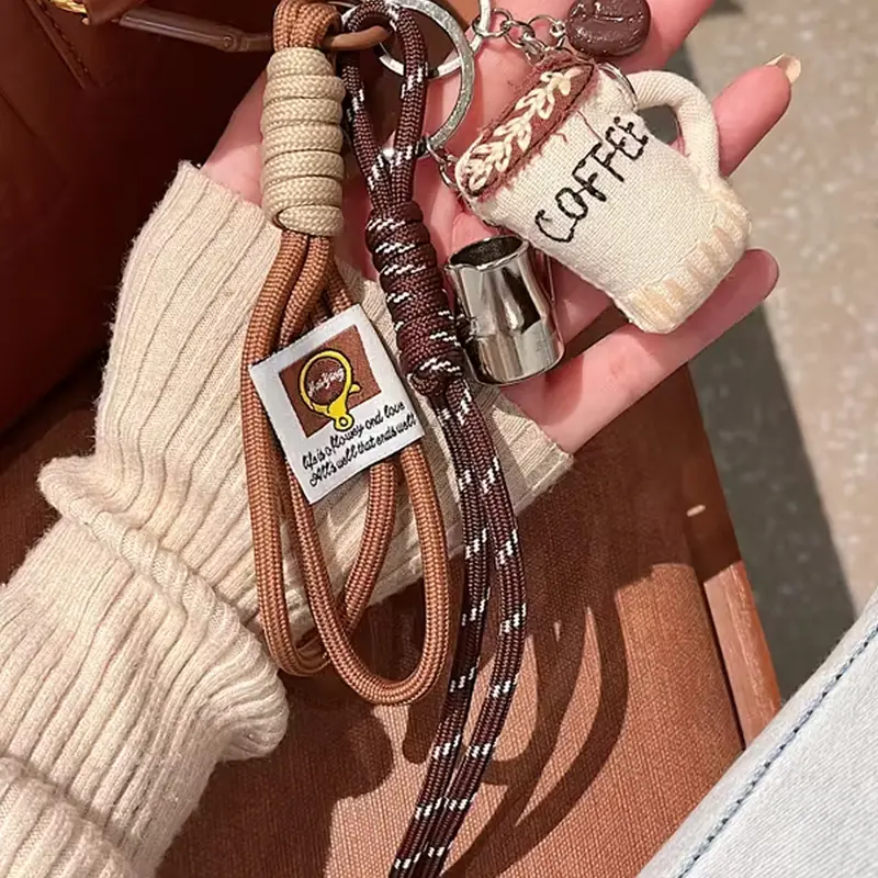 Coffee Cup Woven Lanyard Keychain, Casual Fashion Keychain, Keychain For Purse, Paired With Small Coffee-Themed Accessories, Vintage Casual Style, Universal For Bags/Keys, Perfect For Coffee Lovers' Daily Commute & Cute Outfit Matching