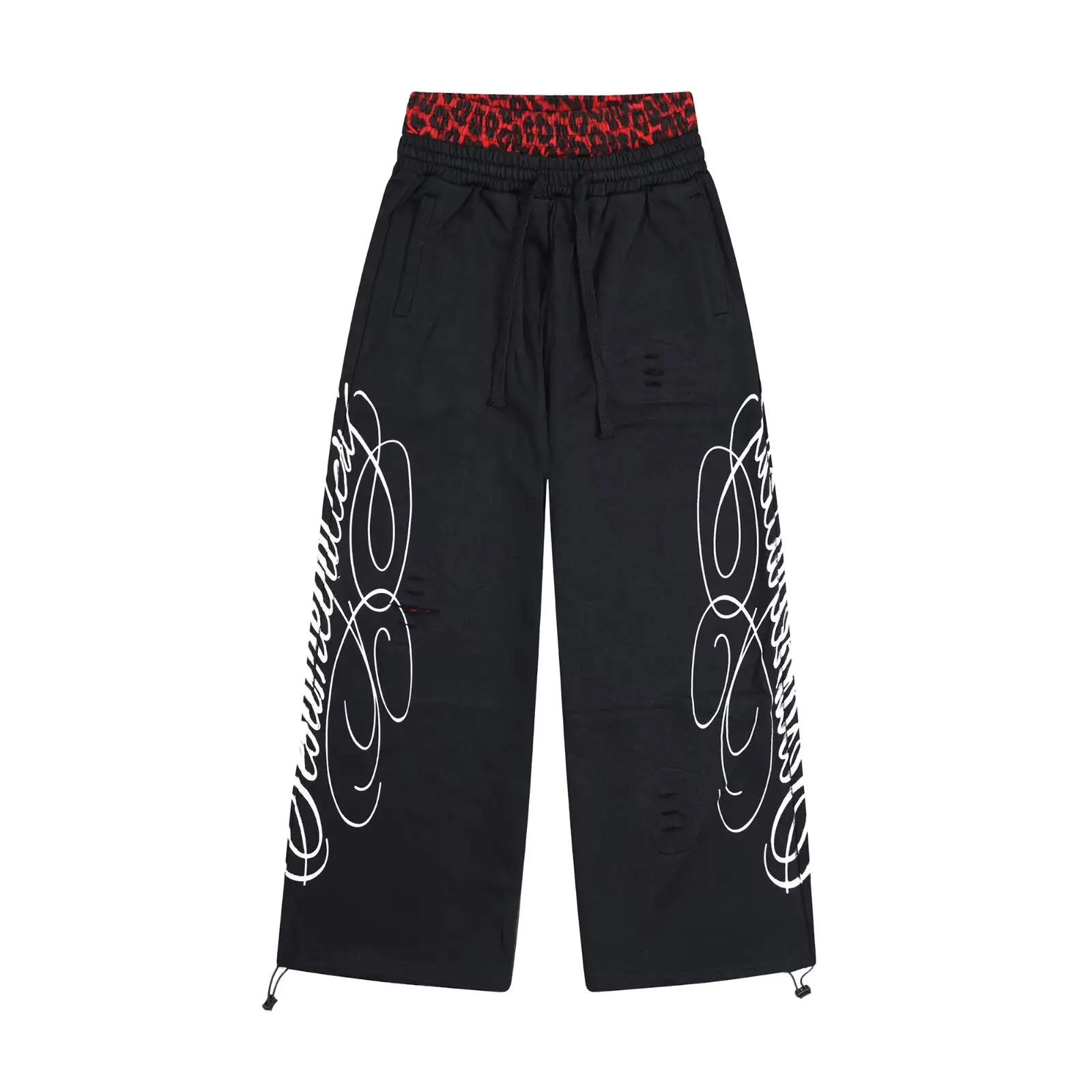 Y2K double waistband wide-leg sweatpants, leopard print waist layer design, gothic cursive script side print, distressed ripped details, adjustable drawstring hem, loose baggy casual jogger pants, unisex hip hop streetwear pants