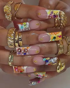 Aura Nails - Colorful 3D French Tips Candy Nails - Handpainted Summer Press On Nails - Rainbow Rhinestones Fake Nails - Acrylic Nails - Boho Chic Nails