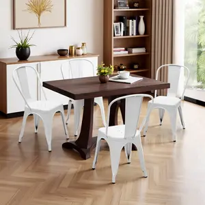 Set of 4 Metal Dining Chairs with Backrest Stackable Industrial Side Chairs Non-Slip Feet Scratch-Resistant Coating for Kitchen Dining Room or Patio Black and White