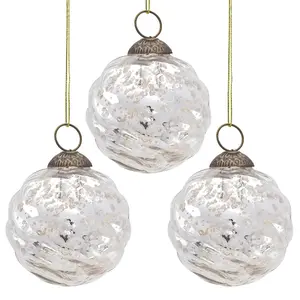 3-PACK | 3" Silver Solene Mercury Glass Swirled Ball Ornament Christmas Decoration