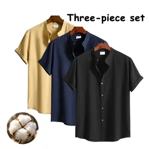 3-Piece Men’s Breathable Mandarin Collar Button Shirts, Lightweight Roll-Sleeve Commuter Shirts