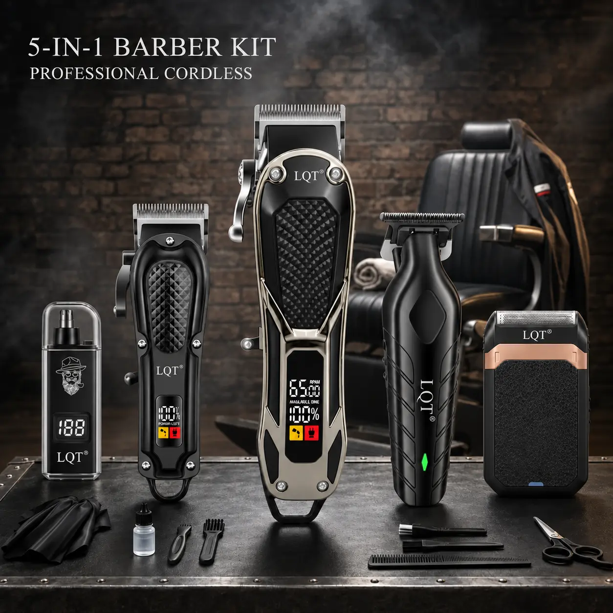 LQT Men's Stainless Steel 5-in-1 Barber Equipment Kit - Smooth Hair Clipper, T-Edge Tool, Detail Groomer, Electric Shaver, Nose Trimmer, Adjustable Cordless LED Digital Display, USB Rechargeable, Home Salon Gift for Men's Stuff