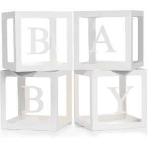 Baby Boxes with Letters for Baby Shower, 4 Transparent Balloon Boxes with 2 Sets BABY Letters for Gender Reveal Decorations Boys Girls Birthday Wedding Party Backdrop, White